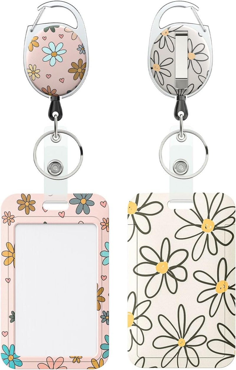 Uniclife 2 Pack Floral Sliding Badge Holder Vertical Flower Plastic Card Case Protector with Retractable Badge Reel Carabiner for Office School ID Credit Proximity Key Women Nurse Teacher Student - Image 1
